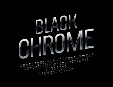 Vektör siyah gümüş yazı. Metalik ince alfabesi harfleri, sayıları ve sembolleri