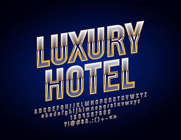 Vector Blue Golden Logo Luxury Hotel Font Lucido Lusso Lettere — Vettoriale Stock