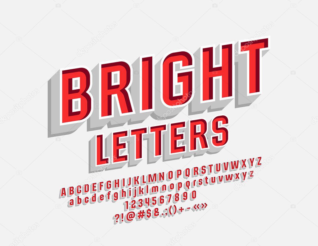 Vector Bright 3D Font. Set of Retro Letters, Numbers and Symbols