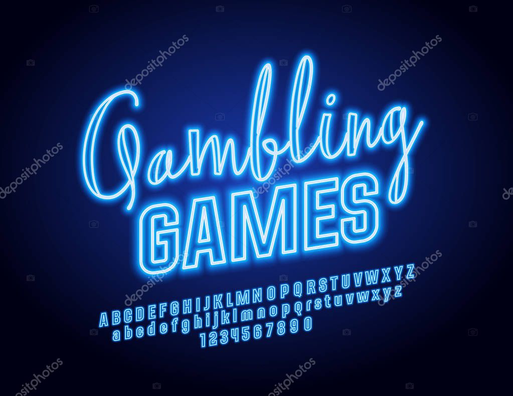 Vector Neon Gambling Games Sign with Light Font. Blue Glowing Alphabet Letters Set