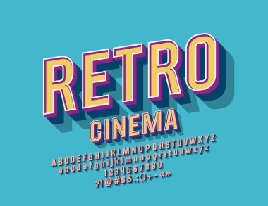 Vektör renkli işareti Retro sinema. Şık yazı tipi. Vintage tasarım alfabesi harfleri, sayıları ve sembolleri