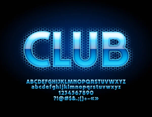 Vektör parlak mavi Logo Club. Neon renk yazı tipi. Parlayan alfabesi harfleri, sayıları ve sembolleri.