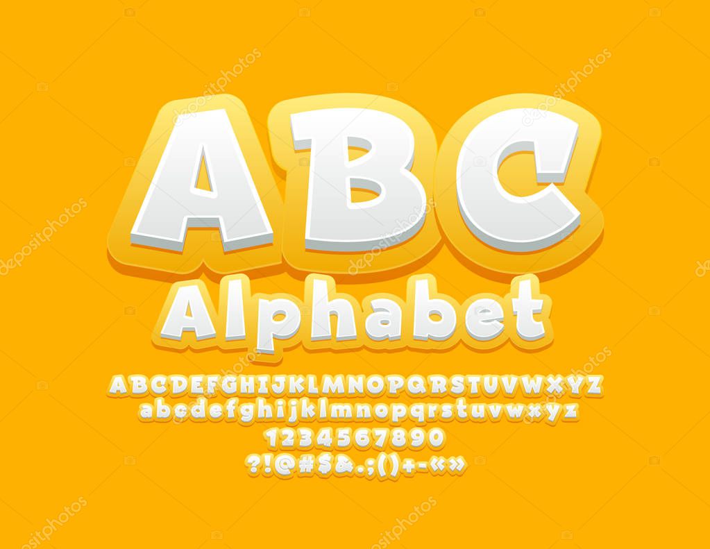 Vector Yellow Children Alphabet Letters and Symbols. Cute 3D Font for Kids