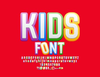 Vektör renkli çocuklar yazı tipi. Yaratıcı alfabesi harfleri, sayıları ve noktalama işareti birleşimlerinden.