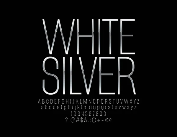 Vector White Silver Font Letras Números Símbolos Alfabeto Magro Metálico — Vetor de Stock