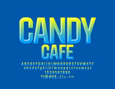 Vektör gradyan rengi parlak alfabe seti. Mavi ve sarı şeker Cafe işareti yazı tipi ile