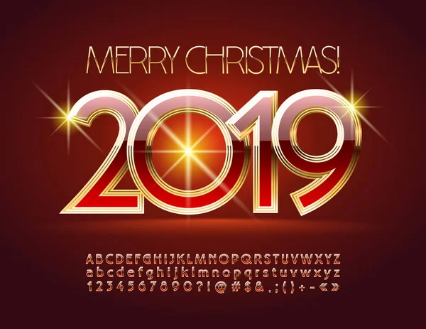 Vektör Glamour tebrik kartı Merry Christmas 2019. Lüks yazı tipi. Kırmızı ve altın alfabesi harfleri, sayıları ve sembolleri.
