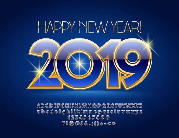 Vector Blauw Goud Luxe Wenskaart Happy New Year 2019 Rich — Stockvector