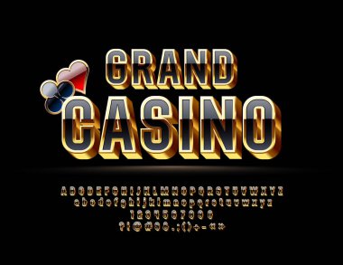 Vektör lüks amblemi Grand Casino. Şık parlak 3d yazı tipi. Altın ve siyah parlak alfabesi harfleri, sayıları ve sembolleri.