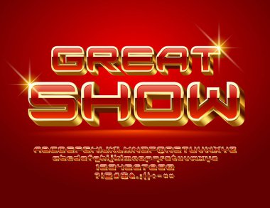 Vektör elite Logo büyük Show. Şık 3d yazı tipi. Lüks alfabesi harfleri, sayıları ve sembolleri