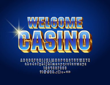 Vektör Chic işareti Hoşgeldiniz Casino. -Mavi ve altın harfler, sayılar ve simgeler kümesi. Kraliyet 3d yazı tipi.