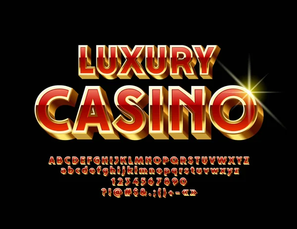 Vektör kırmızı ve altın Lüks Casino amblemi. 3D özel yazı tipi. Şık modern alfabesi harfleri, sayıları ve sembolleri