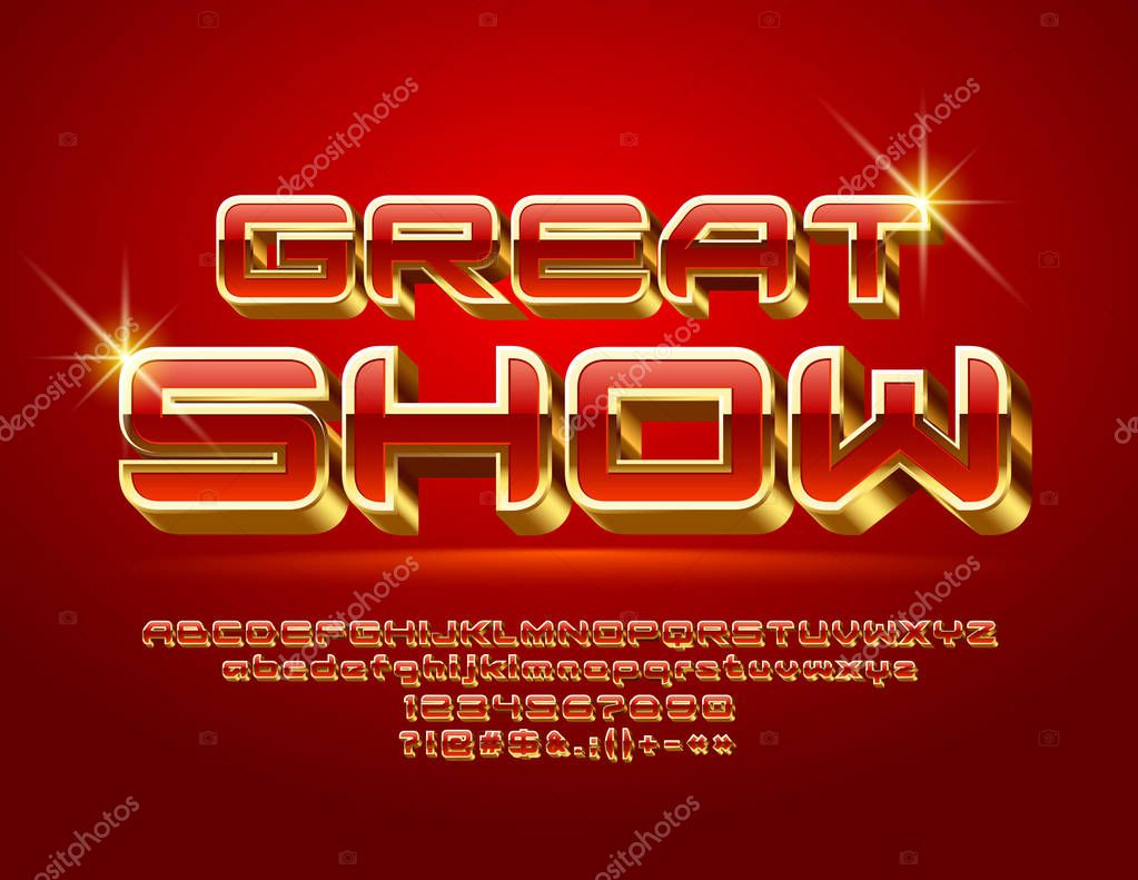 Vector elite Logo Great Show. Chic 3D Font. Luxury Alphabet Letters, Numbers and Symbols