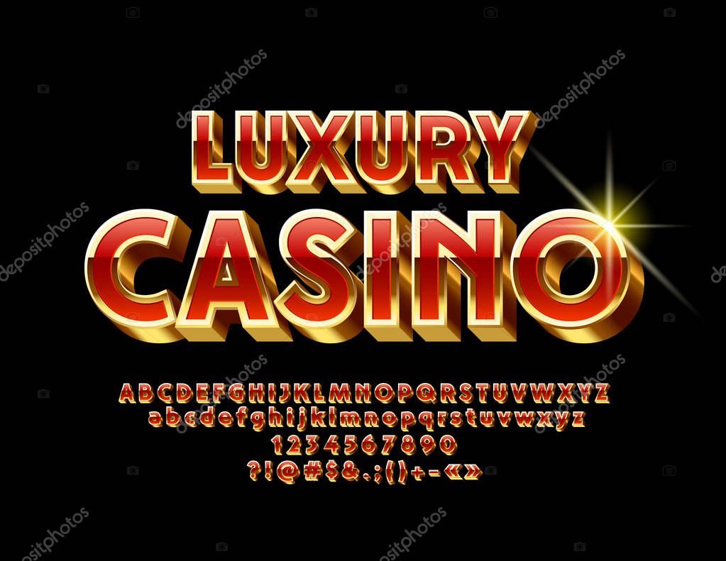 Vector Red and Gold Luxury Casino emblem. 3D exclusive Font. Chic modern Alphabet Letters, Numbers and Symbols