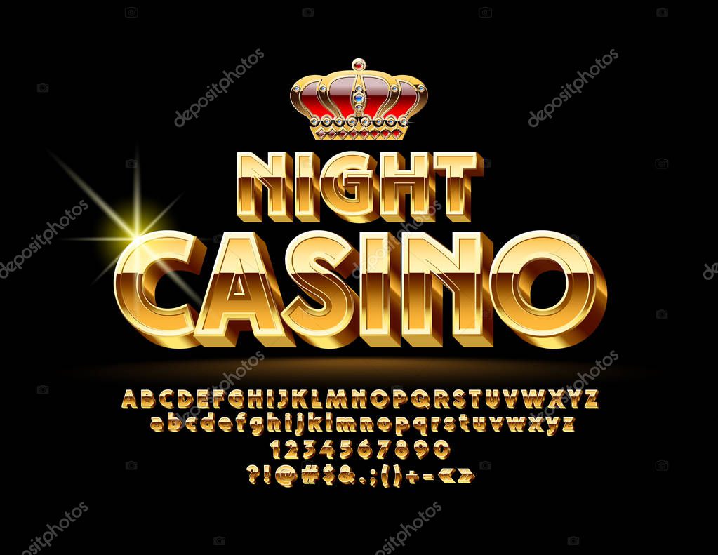 Vector Icon Night Casino. Luxury Red and Golden Font. Set of bright Letters, Numbers and Symbols.
