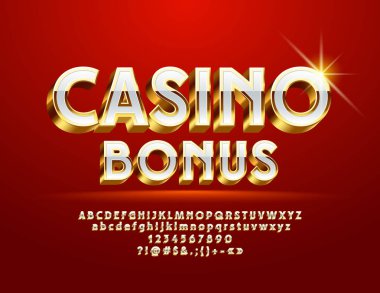 Vektör Royal Logo Casino Bonus. 3D altın ve beyaz yazı tipi. Şık alfabesi harfleri ve sembolleri