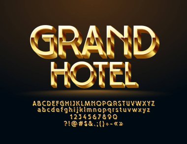Altın logo Grand Hotel vektör. Şık parlak 3d yazı tipi. Yansıtıcı alfabesi harfleri, sayıları ve sembolleri