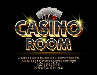Lüks vektör logo Casino Royal yazı tipi ile için. Siyah ve altın harfler, sayılar ve simgeler kümesi.