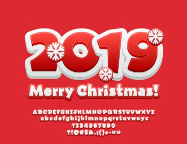 Modern tebrik kartı Merry Christmas 2019 çocuklar için vektör. Çağdaş Alfabe harf, simge ve sayõ sanatsal kümesi. Parlak kırmızı ve beyaz yazı tipi.