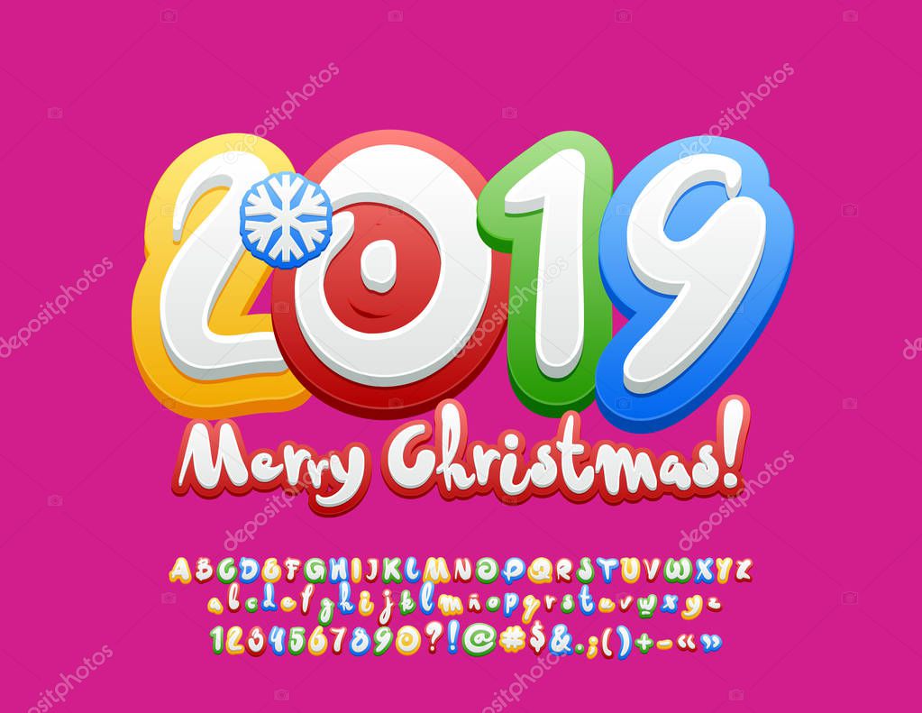 Vector Kids Greeting Card Merry Christmas 2019. Colorful Children Alphabet. Bright Font