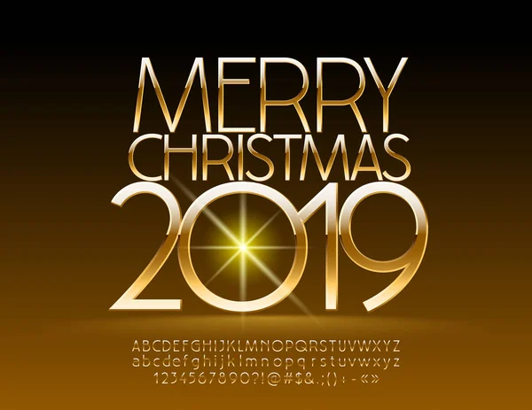 Vektör şık Merry Christmas 2019 tebrik kartı alfabesi ile harfler, semboller ve numaraları ayarlayın. Altın şık yazı tipi.