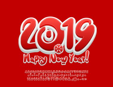 Tatlı mutlu yeni yıl 2019 tebrik kartı harfler, semboller ve sayı kümesiyle vektör. Komik kırmızı ve beyaz yazı tipi.