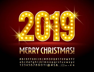 Vektör şık lamba metinle Merry Christmas 2019 kartpostal. Altın lüks alfabe. Metalik degrade yazı tipi.