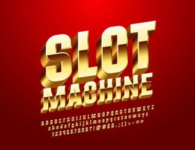 Vektör Casino etiket Slot makinesidir. Altın 3d yazı tipi. Lüks royal alfabesi harfleri, sayıları ve sembolleri.