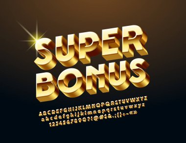 Vector chic Logo Super Bonus. Rotated exclusive Alphabet Letters, Numbers and Symbols. Golden 3D Font. clipart