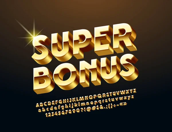 Vektör şık Logo Super Bonus. Özel alfabesi harfleri, sayıları ve sembolleri döndürülmüş. Altın 3d yazı tipi.