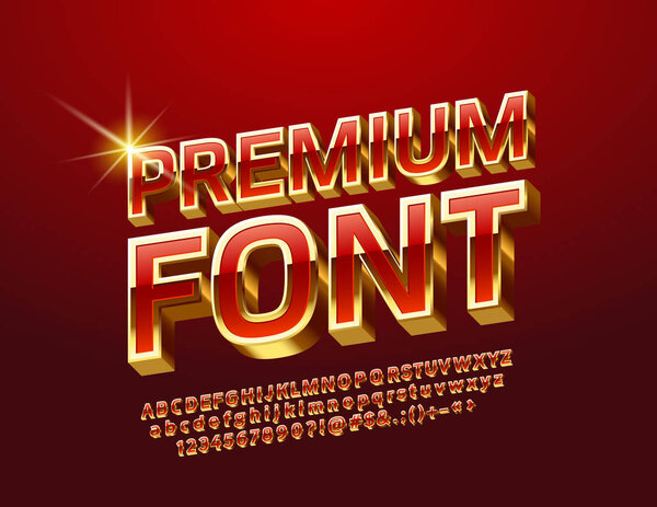 Luxury 3D Alphabet Letters, Numbers and Symbols. Vector Red and Golden Premium Font.