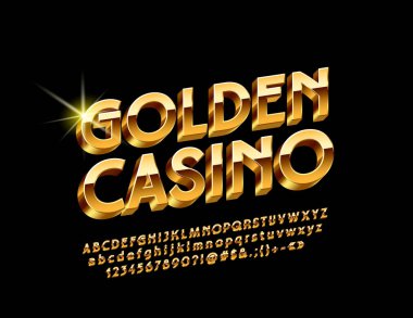 Vektör lüks amblemi Golden Casino. Şık parlak 3d yazı tipi. Parlak alfabesi harfleri, sayıları ve sembolleri.