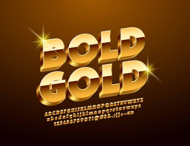 Lüks altın 3d yazı tipi. Şık alfabesi harfleri, sayıları ve sembolleri.