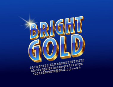 Mavi ve altın vektör parlak yazı tipi. Lüks parlak 3d alfabe harfler, sayılar ve simgeler.