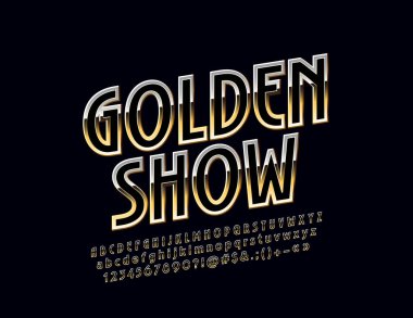 Vektör şık Logo altın göster. Döndürülmüş özel yazı tipi. Zarif alfabesi harfleri, sayıları ve sembolleri.