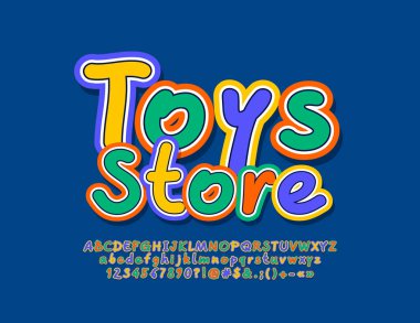 İşareti metin oyuncak mağazası ile vektör. Renkli alfabe harfler, sayılar ve noktalama işareti birleşimlerinden. Çocuklar için parlak yazı tipi.