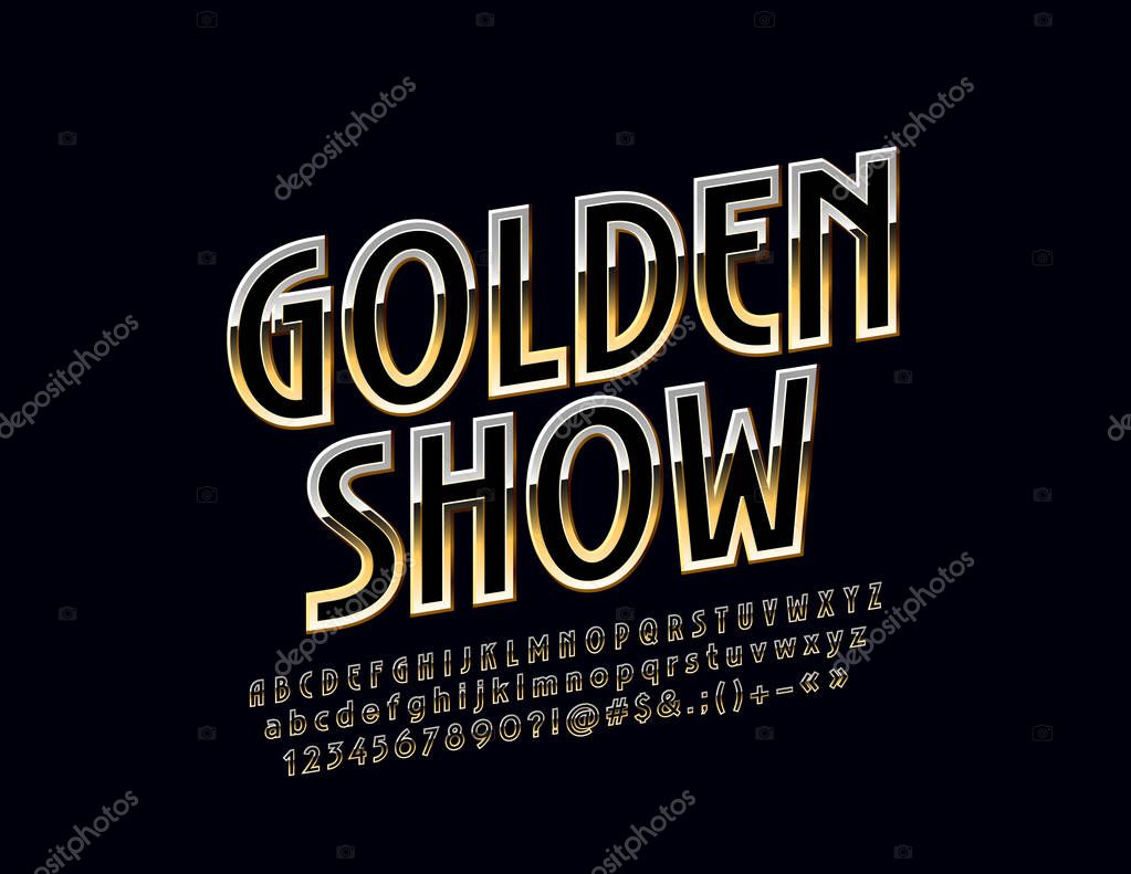 Vector chic Logo Golden Show. Rotated exclusive Font. Elegant Alphabet Letters, Numbers and Symbols.