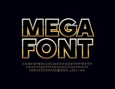 Vektör parlak altın ve siyah alfabe. Güzel harfler, sayılar ve simgelerden oluşan zarif seti.