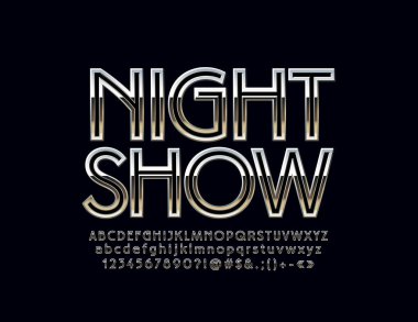 Gümüş logosu ile metin gece göstermek. Alfabesi harfleri, sayıları ve sembolleri vektör kümesi. Metalik degrade yazı tipi.