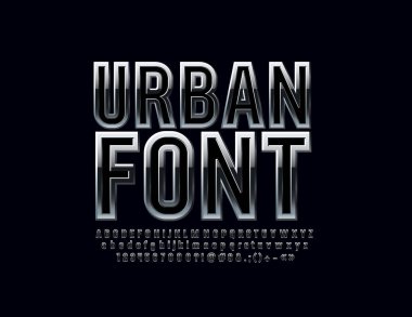 Vektör metalik kentsel yazı tipi. Zarif gümüş alfabesi harfleri, sayıları ve sembolleri.