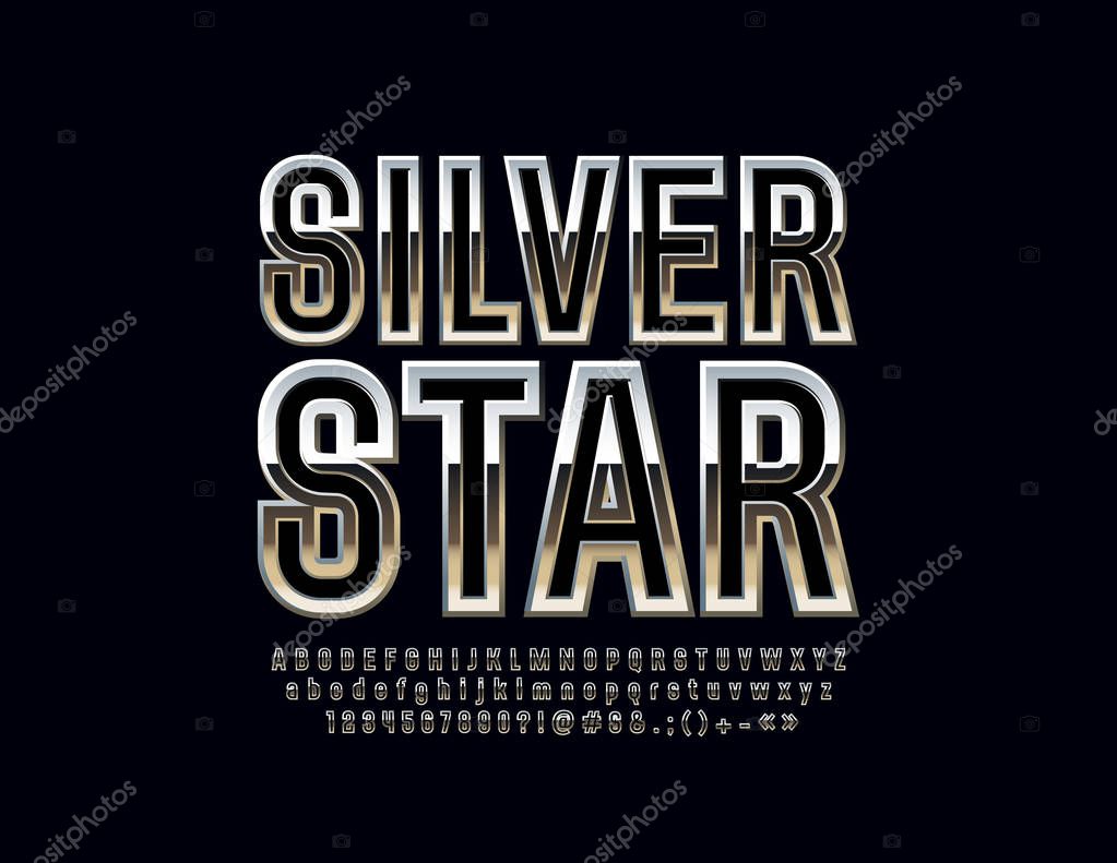 Silver Glossy Vector Set of Letters, Symbols and Numbers. Metallic gradient Font.