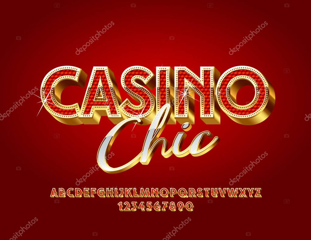 Vector Chic Casino emblem with Rich Font. Elegant Gold and Red Alphabet.