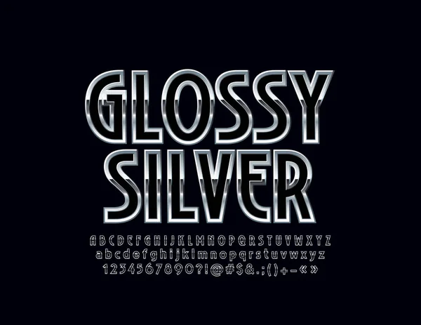 Silver Glossy Font Conjunto Vectorial Letras Números Símbolos Del Alfabeto — Vector de stock