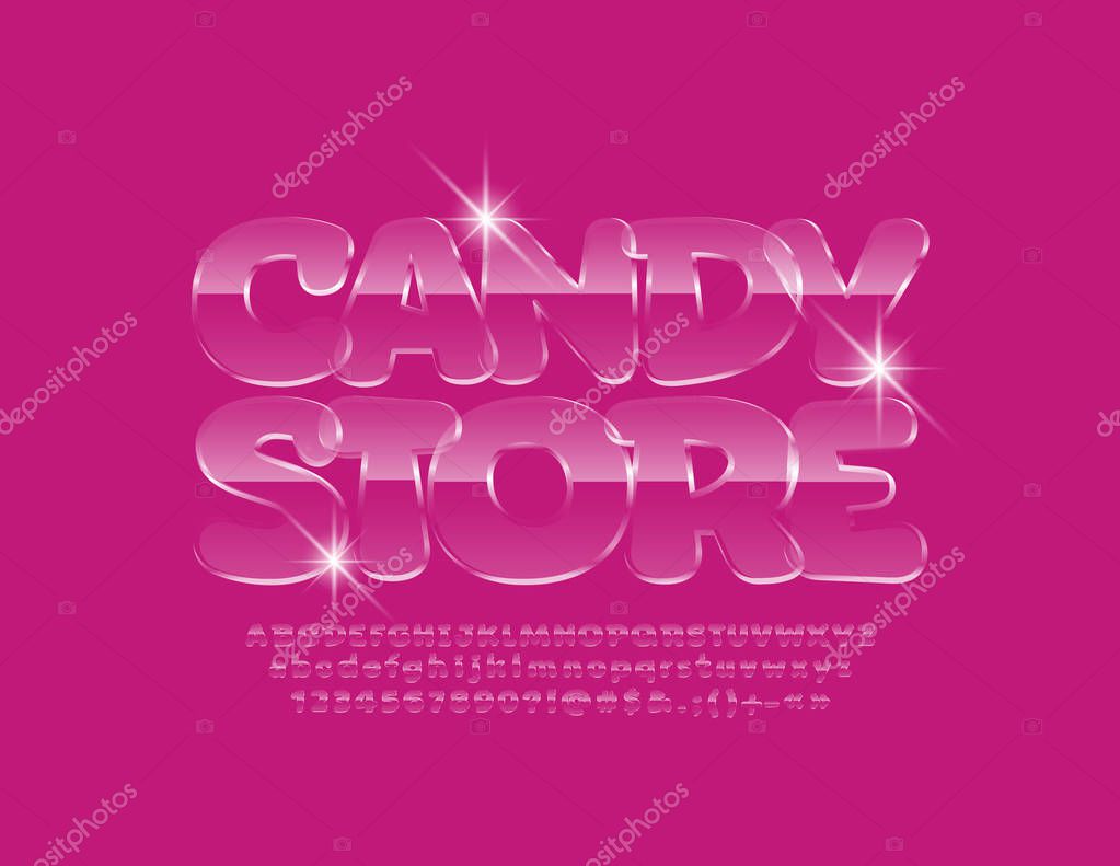 Glossy pink Sign Candy store. Kids glass Font. Sweet Alphabet Letters, Numbers and Symbols.