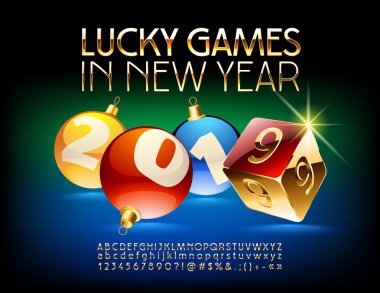Vektör Lüks Casino tebrik kartı şanslı oyunları ile yeni yıl 2019 yılında harfler, semboller ve numaraları ayarlayın. Altın şık yazı tipi.