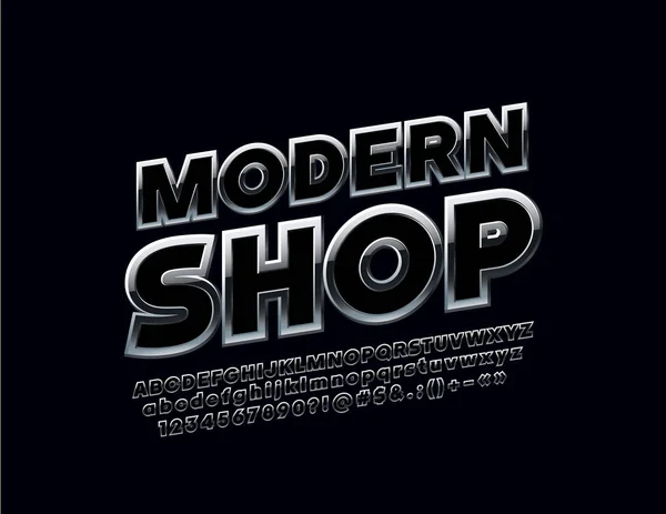 Vector Emblem Modern Shop Серебряным Стильным Шрифтом Письма Цифры Символы — стоковый вектор