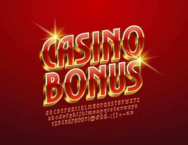 Vektör lüks Logo Casino Bonus. Özel alfabesi harfleri, sayıları ve sembolleri döndürülmüş. Kırmızı ve altın 3d yazı tipi.