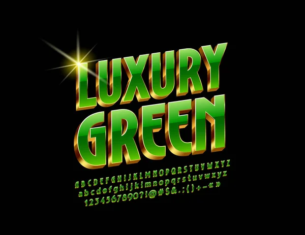 Vektor Luxus Grüne Und Goldene Buchstaben Zahlen Und Symbole Des — Stockvektor