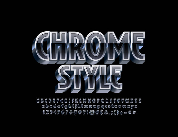 Vector Silver and Black Font. Chrome 3D Alphabet Letters.