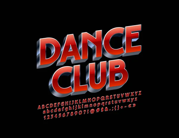 Vektör şık oturum Dance Club 3d metalik yazı tipi. Kırmızı ve gümüş alfabesi harfleri, sayıları ve sembolleri.